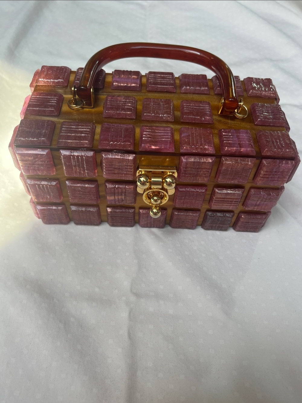 Vintage Moo Roo Charleston Signed Mary Norton 2003 Pink Lucite Tiled Box Bag